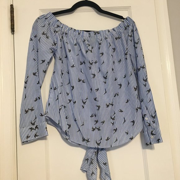 Express Women's Tie Front Off-Shoulder Blue Striped Bird Print Blouse, Sz SP - Picture 5 of 9